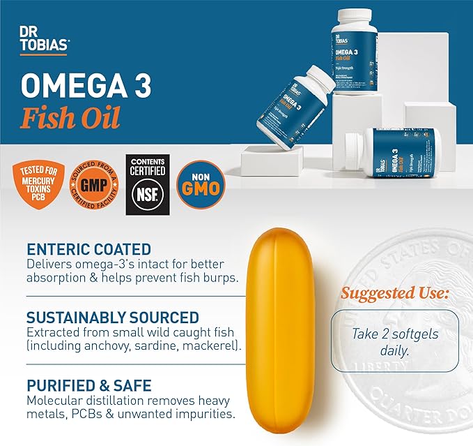 Dr. Tobias Omega 3 Fish Oil, 2000mg Triple Strength with 800mg EPA 600mg DHA Per Serving, Fish Oil Omega 3 Supplements for Heart, Brain & Immune Support, 360 Softgels, 180 Servings