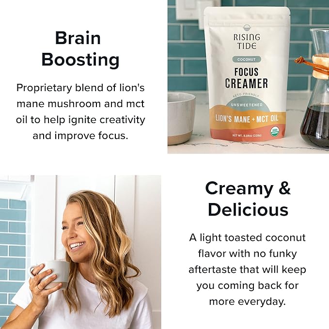 Rising Tide Organic Mushroom Superfood Creamer - Coconut Milk Powder, Lions Mane Mushrooms, & MCT Oil - Dairy Free, Unsweetened, Keto Friendly & Plant-Based - Only 4 Ingredients - Add to Coffee, Matcha or Smoothies