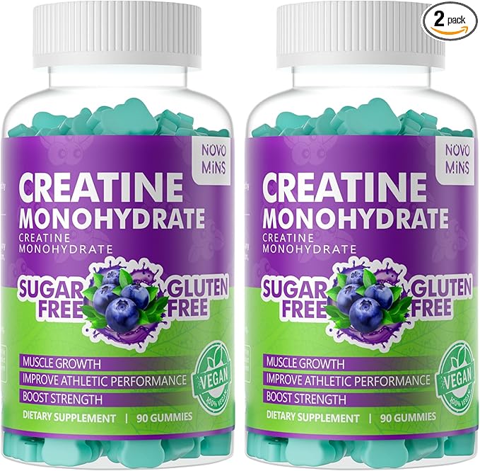 novomins Creatine Monohydrate Gummies for Men & Women, Chewables Creatine Monohydrate for Muscle Strength, Muscle Builder, Energy Boost, Pre-Workout Supplement(180 Count)-Blueberry Flavor. 2 Pack