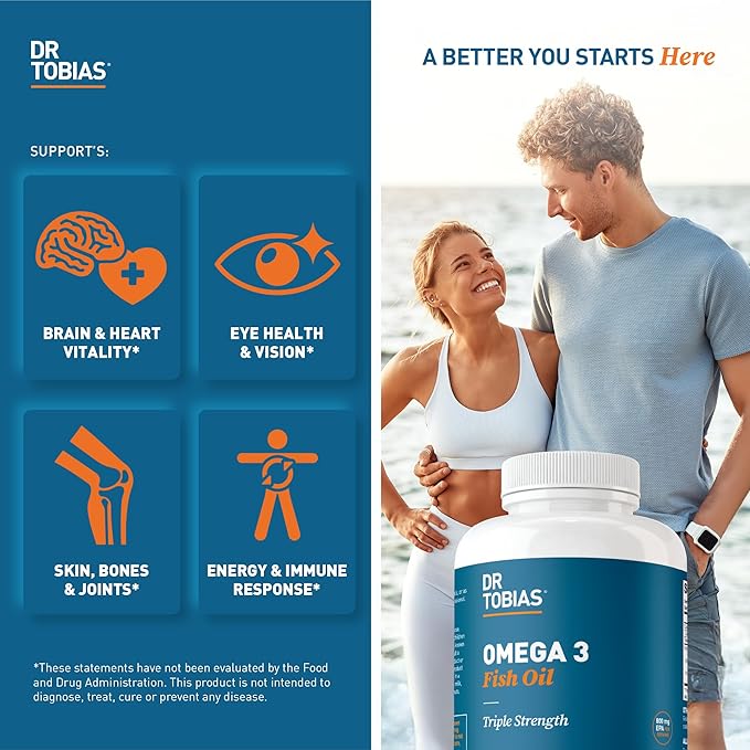 Dr. Tobias Omega 3 Fish Oil, 2000mg Triple Strength with 800mg EPA 600mg DHA Per Serving, Fish Oil Omega 3 Supplements for Heart, Brain & Immune Support, 360 Softgels, 180 Servings