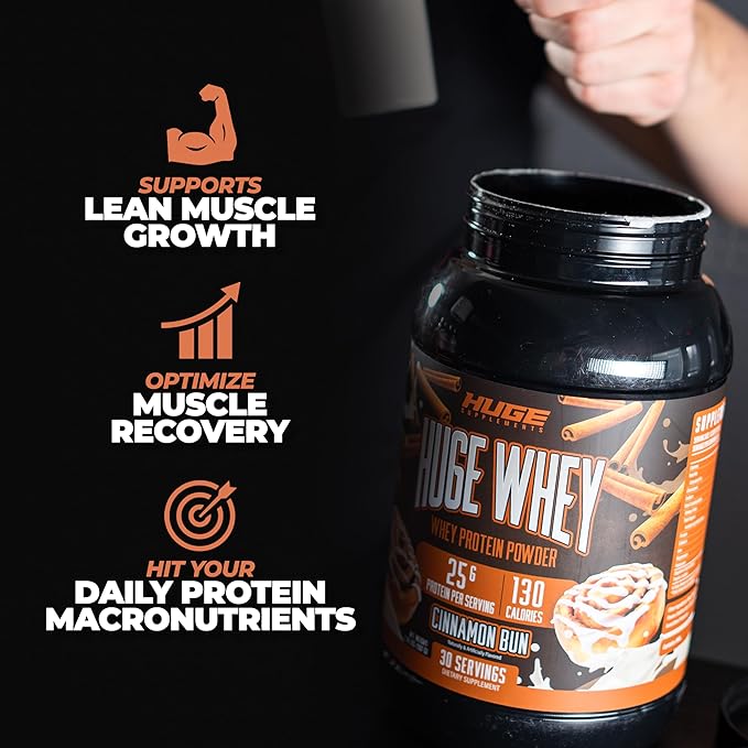 Huge Whey, Protein Powder for Muscle Gain, 25g Protein, 12g EAAs, Supports Muscle Growth, Performance & Recovery (Cinnamon Bun, 30 Servings)