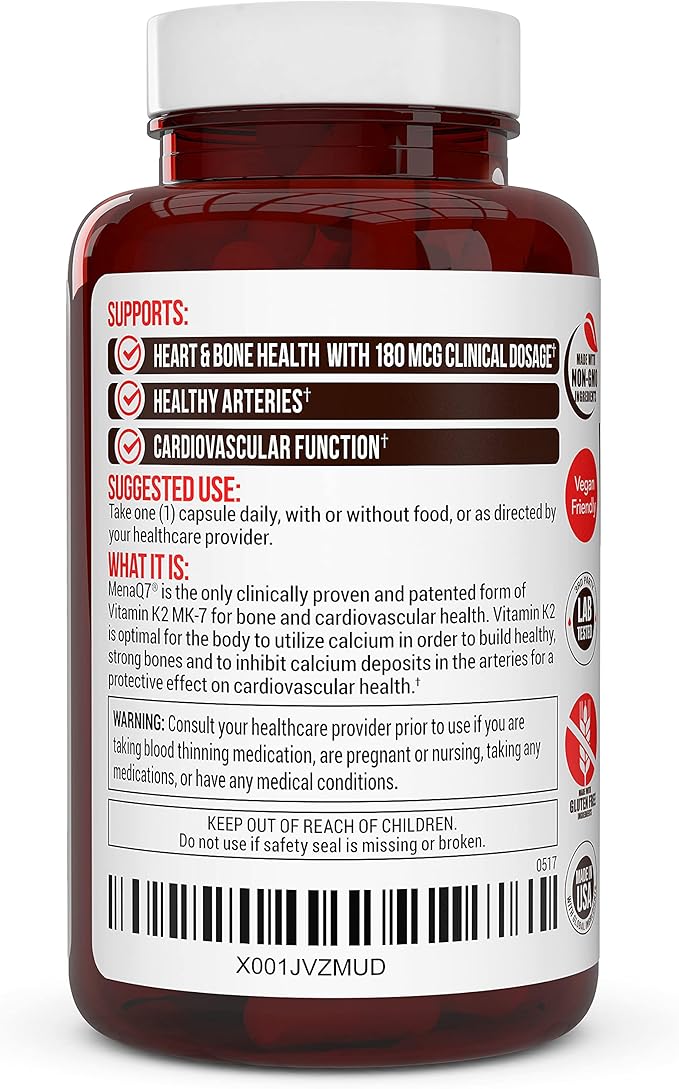 Vitamin k2 MK-7 Supplement 180mcg -Vitamin K2 Supports Bone & Heart Health for Cardiovascular Calcium Absorption from Arteries- 60 Easy to Swallow Vegetable caps of MenaQ7 K2 MK7