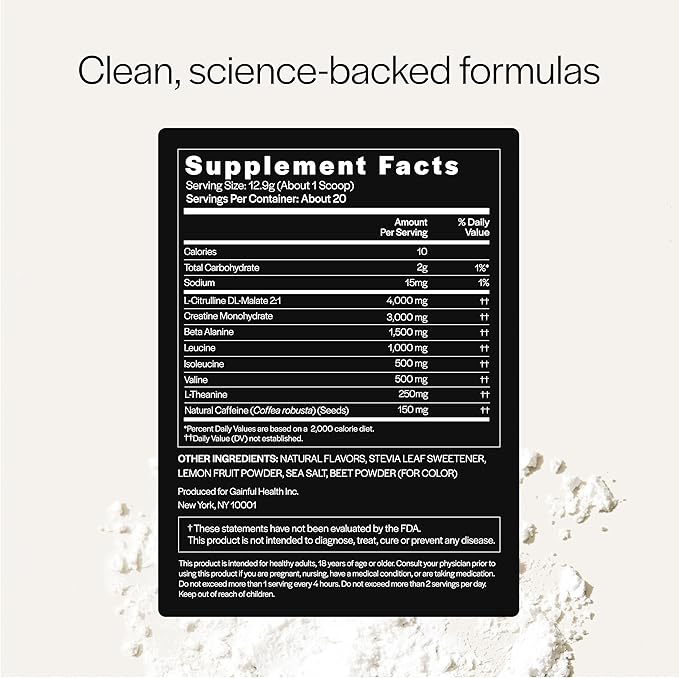 Gainful Performance Pre Workout Powder with Natural Caffeine & Creatine, Strawberry Lemonade Flavor, Supports Energy, Strength, Endurance, & Recovery, BCAAs, Beta Alanine, L-Citrulline, 20 Servings