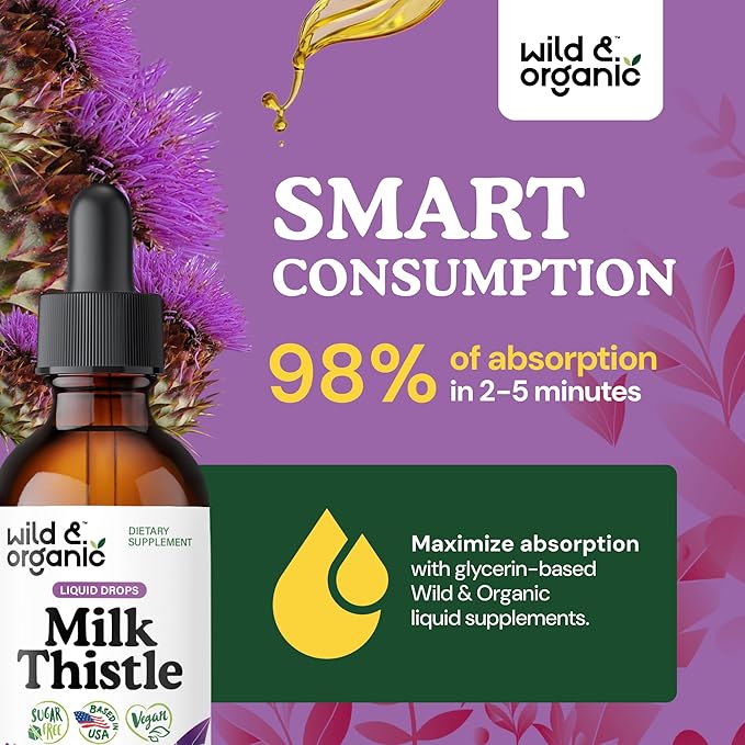 Wild & Organic Milk Thistle Extract Drops - Liver Cleanse Support - Milk Thistle Liver Detox Tincture - Silymarin Supplement - Silybum Marianum Seeds - Vegan, Sugar & Alcohol-Free - 2 fl oz