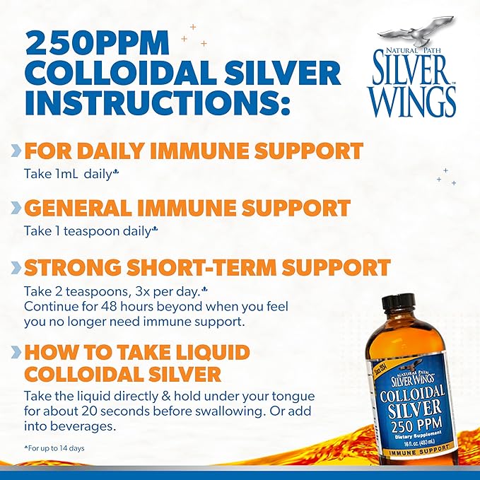 Natural Path Silver Wings Colloidal Silver Liquid - Enhanced Immune Support Supplement - 250ppm (1250mcg) - 4oz Dropper