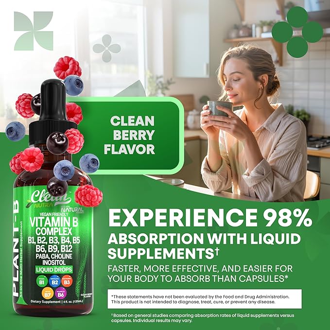 Vitamin B Complex Liquid Drops | Thiamine B1, B6, B2, B3, B4, B5, B7 B9, B12, Niacinamide, Paba, Choline Inositol Taurine Probiotics Beet Root Spirulina - Plant-B Vitamin Supplements by Clean Nutra