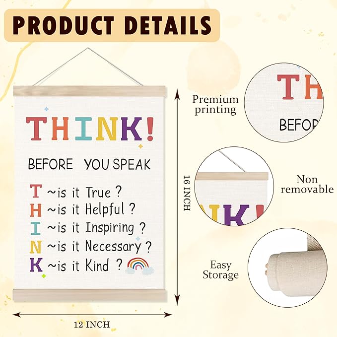 Welshower Boho Classroom Poster Hanger Frame, Think Before You Speak Educational Mental Health Wall Art Prints Decor for Classroom Therapy Counselor Office Framed, 12x16 Inch