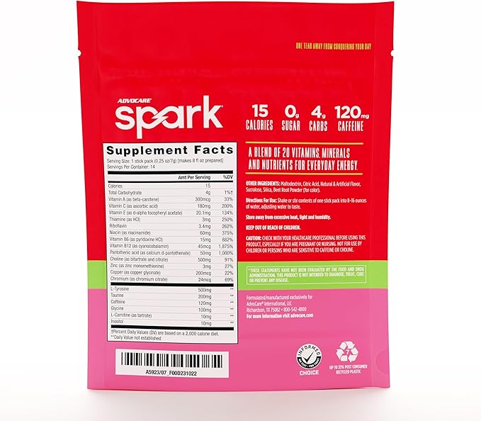 AdvoCare Spark Vitamin & Amino Acid Supplement - Focus & Energy Drink Powder Mix with Vitamin A, B-6, C & E - Also Includes L-Carnitine & L-Tyrosine - Strawberry, 14 Stick Packs