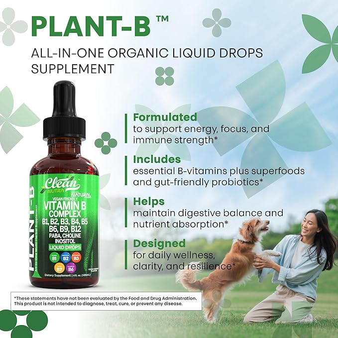 Vitamin B Complex Liquid Drops | Thiamine B1, B6, B2, B3, B4, B5, B7 B9, B12, Niacinamide, Paba, Choline Inositol Taurine Probiotics Beet Root Spirulina - Plant-B Vitamin Supplements by Clean Nutra