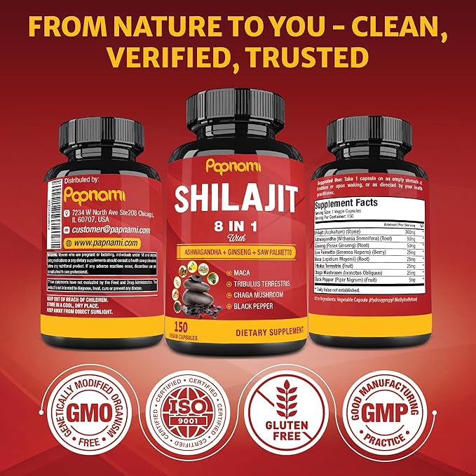 Shilajit Himalayan Supplement for Men & Women - 150 Capsules Combined Ashwagandha, Ginseng, Saw Palmetto, Maca, Tribulus, Chaga & Black Pepper - Vitality Energy and Immune Supports