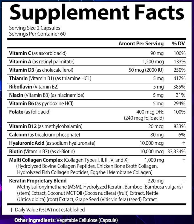 Biotin with Hyaluronic Acid, Keratin, and Collagen Supplements - Hair Growth Vitamins for Women and Men, Healthy Nails and Skin, B1, B2, B3, B6, B7 Complex, USA (120 Capsules)