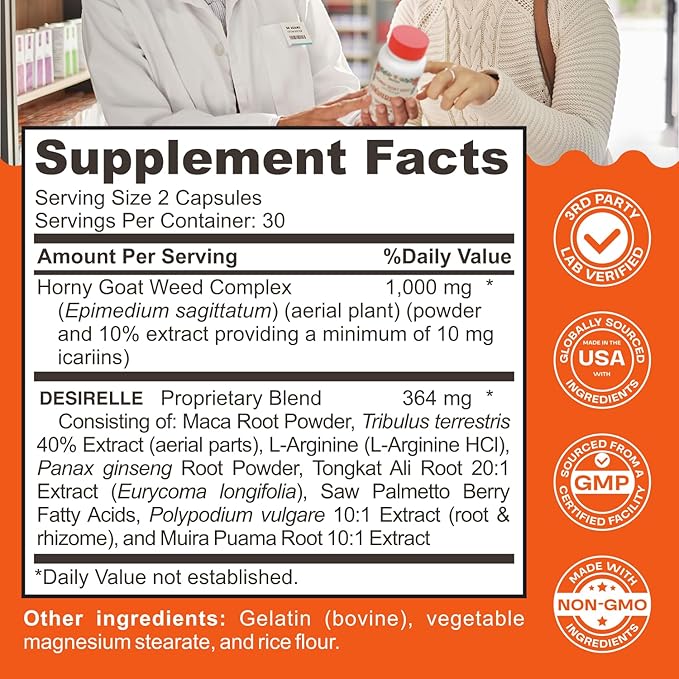 Female Libido Booster for Women Fast Acting with Tribulus Terrestris - Hornygoatweed for Women, Mood Support Supplement Enhancer Pills with Maca Root, Ginseng for Hormonal Balance - 60ct Desirelle