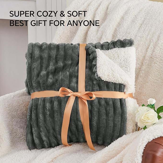 INFIIXSO Sherpa Fleece King Size Blanket - Super Soft & Warm Striped Fleece, Cozy Plush Fluffy Large Bed Blanket All Season Use (Grey, 104x90 Inches)