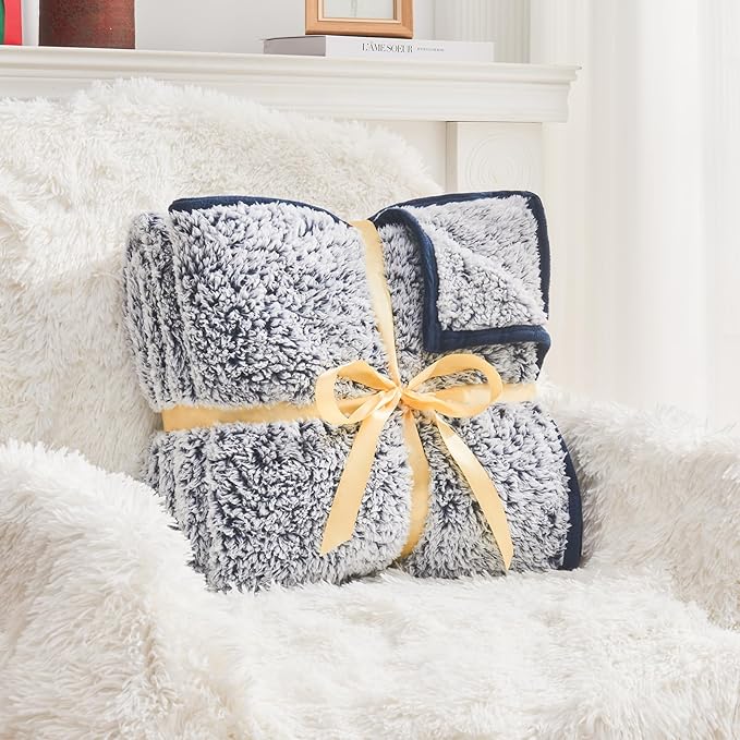 EMME Fuzzy Blanket Soft Fleece Throw Blankets for Women, Fluffy Sherpa Throws(Plush Navy,60"x80")