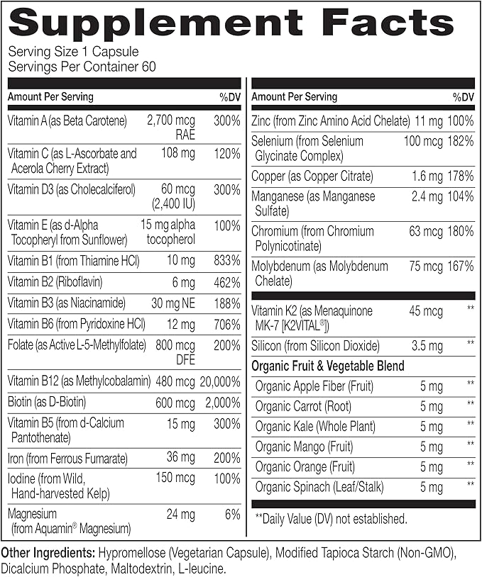 NATURELO Bariatric Multivitamin - One Daily with Iron - Supplement for Post Gastric Bypass Surgery Patients - Natural Whole Food Nutrition - 60 Veggie Capsules (Pack of 2)