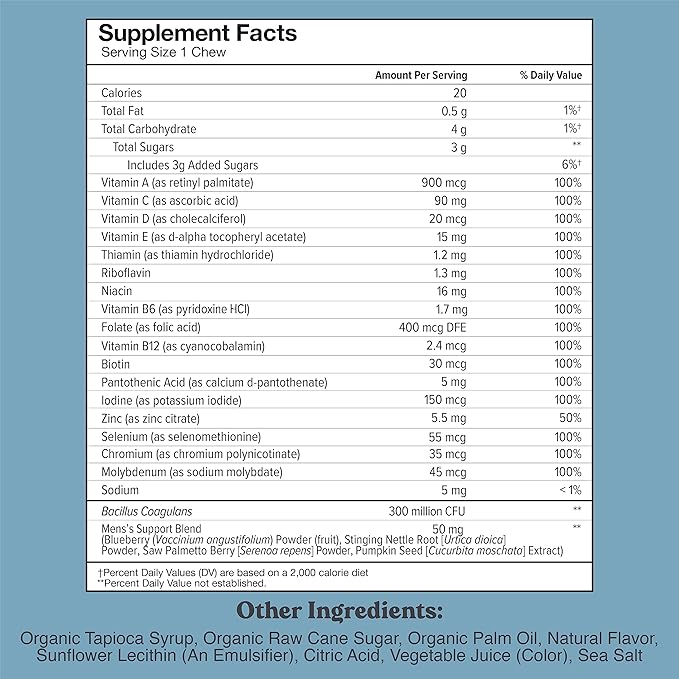 CHEWSY - Men's Multivitamin Chews - Immune and Energy Support, Vitamin A, B12, C, D3, E, Folic Acid, Probiotics, Zinc - 30-Day Supply