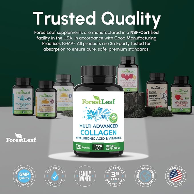 ForestLeaf Multi Collagen Pills with Hyaluronic Acid + Vitamin C | Hydrolyzed Collagen Supplements for Women or Men | Multi Collagen Capsules Peptides for Skin, Wrinkles, 120 Caps