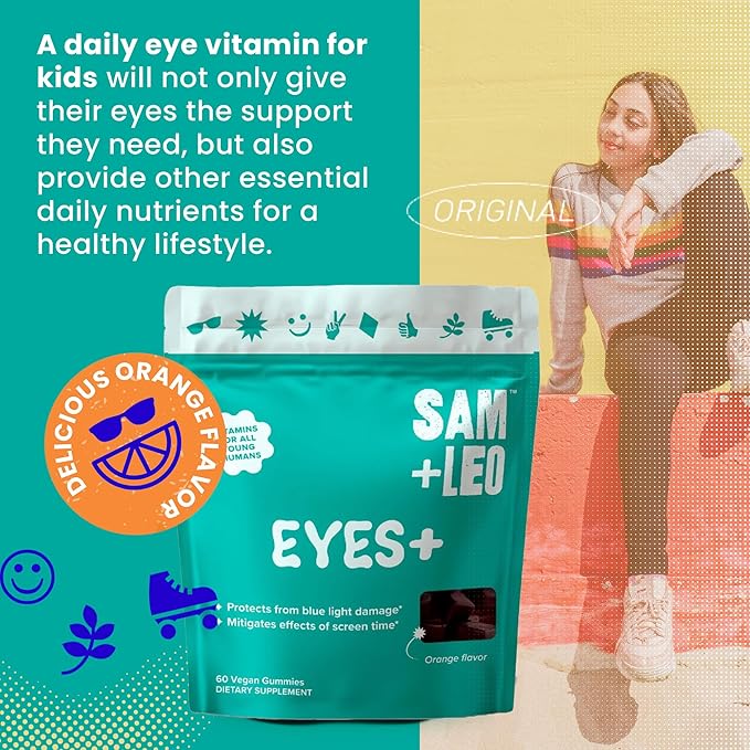 SAM+LEO EYES+ Kids Gummy Vitamins - All Natural, Vegan Eye Vitamins for Kids & Teens - Vitamin A, Zinc, Lutein and Zeaxathin Gummies - Orange Flavor - 60/ct