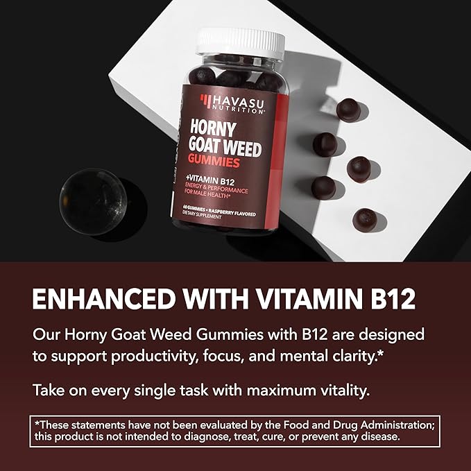 Horny Goat Weed Gummies with Vitamin B12 - Energy, Endurance & Performance Support for Male Health - 30 Count - Vegetarian-Friendly, Non-GMO, Pectin-Based - Raspberry Flavor, 15 Servings