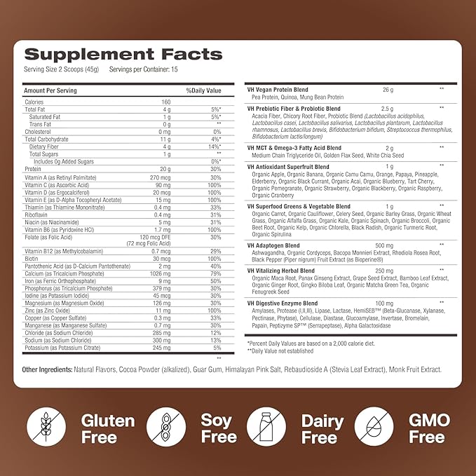 VitaHustle ONE Meal Replacement Shake - Plant Based Protein Powder by Kevin Hart - Vegan, Meal Replacement Powder with Superfoods, Vitamins, Adaptogens & Probiotics - Chocolate and Vanilla Flavor, 30 Servings