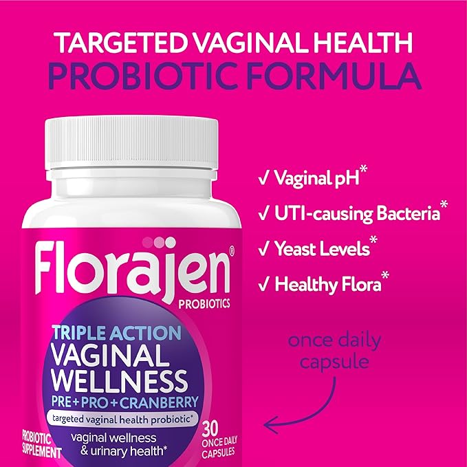Florajen Women’s Triple-Action Probiotic - Prebiotic + Probiotic + Cranberry for Vaginal, Digestive, & Immune Support - Fast-Acting - Clinically-Studied - Gluten-Free & Vegan - 30-Count