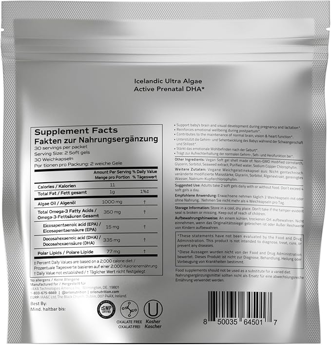 Orlo PRENATAL DHA - Prenatal DHA Omega 3 Supplement - Triple Strength Omega3s - Vegan DHA & EPA Algae Omega-3 Oil - Supports Brain Development During Pregnancy & Lactation (120 Mini Softgels)