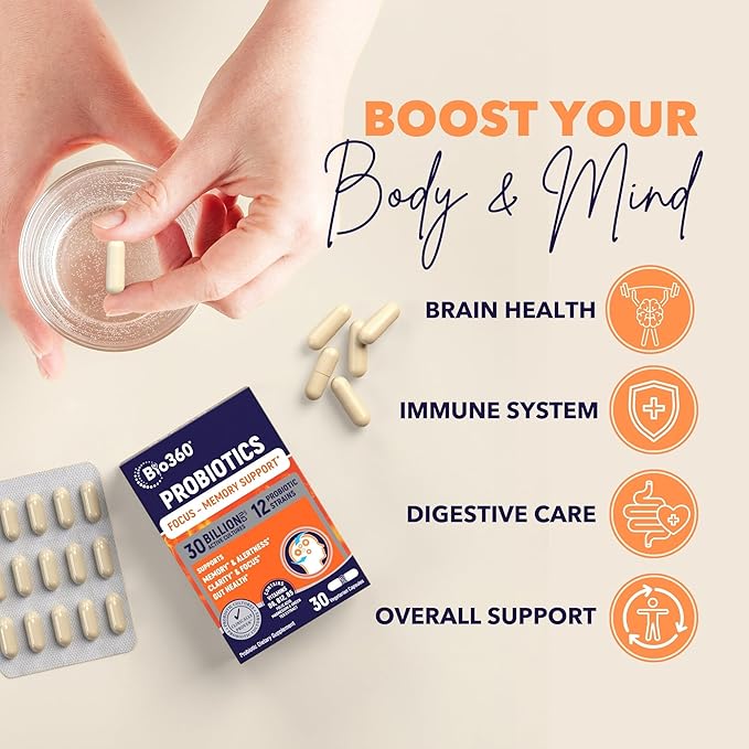Cognitive Support Probiotic for Brain Health, Digestive, Immune Health & Mental Energy, 30 Billion, 10 Probiotics, 25X Green Tea Extract, Magnesium & Vitamin B5, B6 & B12, 30CT