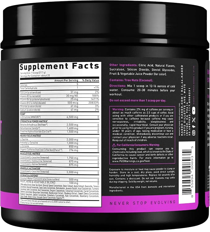 Kaged Original Pre Workout Powder | Grape | Pre-Kaged | Formulated with Creatine, Beta Alanine, Pure Caffeine | 20 Servings