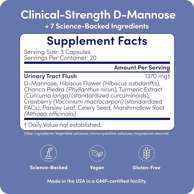 UT-Fem Solution - Fast-Acting Urinary Tract Flush for Women, Proactive UTI Support, Promotes Cleansing & Comfort, Clinical-Strength D-Mannose, Cranberry, and Natural Ingredients - 60 Vegan Capsules