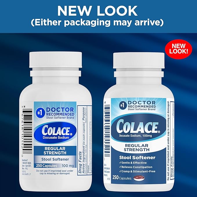 Colace Regular Strength Stool Softener, 100 mg Capsules, 250 Count, Docusate Sodium Stool Softener for Gentle, Dependable Relief
