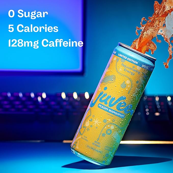 Juvee Rejuvenating Energy Drink. Sugar Free Energy Drinks. Taurine, Vitamin B12, Vitamin B6. 128 Mg Of Caffeine. L-Theanine For Mood Support. Panax Ginseng For Focus. Vitamin C For Immune Support. Gluten Free 12 oz - 12 Pack - Peachy Mangopuff