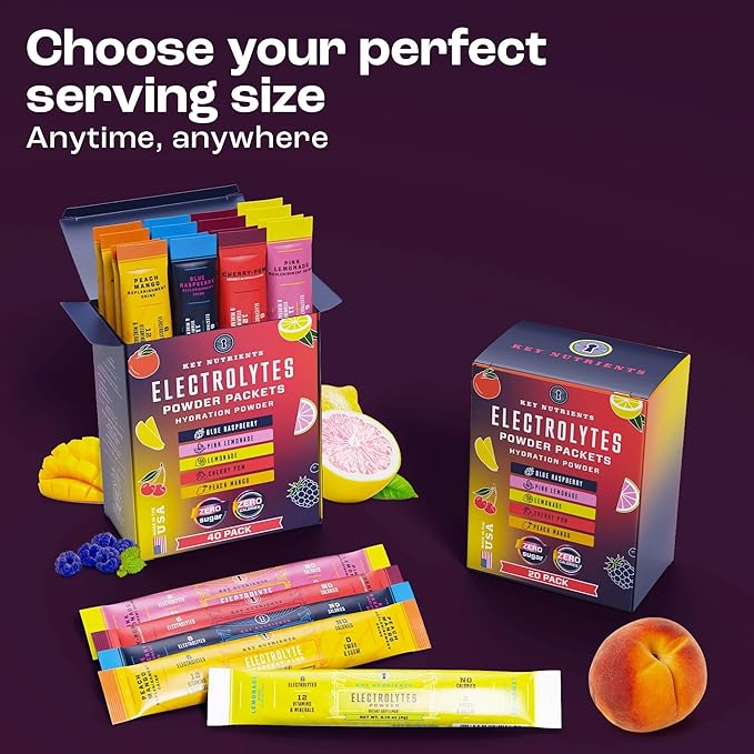 KEY NUTRIENTS Electrolytes Powder Packets 20 Pack - No Sugar, 5 Delicious Flavors, Hydration Packets with Electrolyte Powder for Refreshing Electrolyte Drink Mix Packets - Zero Calories