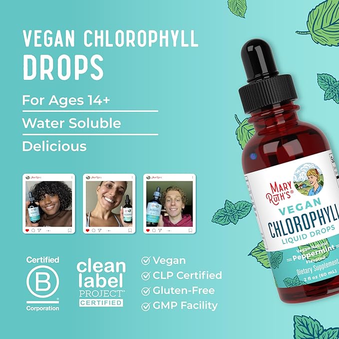 MaryRuth Organics Chlorophyll Liquid Drops | Clean Label Project Certified® | Vegan | Non-Diluted Liquid Chlorophyll| Mulberry Derived Supplement for 14+ | Non-GMO | Delicious Minty Flavor | 2 Fl Oz