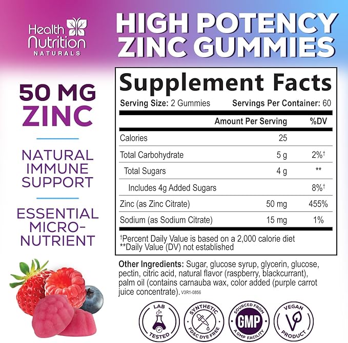 Zinc Supplement 50mg Gummies for Adults - Max Strength Skin Health & Immune Support Gummy, Vegan, Non-GMO & Gluten Free, Nature’s Antioxidant & Bone Health Chewable Tasty Berry Flavor - 120 Gummies
