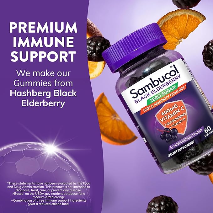 Sambucol Black Elderberry Zero Sugar Triple Immunity Gummies - Black Elderberry Vitamin C Immune Support Supplement, Gummy with Vitamin D for Adults and Kids - 60 Gummies (Pack of 1)