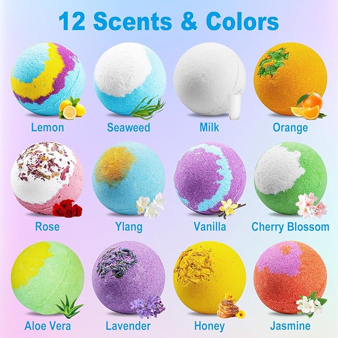 12Pcs Bath Bombs Gift Set, Fizzy Bubble Organic Bath Bomb for Kids Women Men, Handmade Natural Vegan Bath Bomb with Different Organic Essential Oils, Perfect for Bubble and Spa Bath