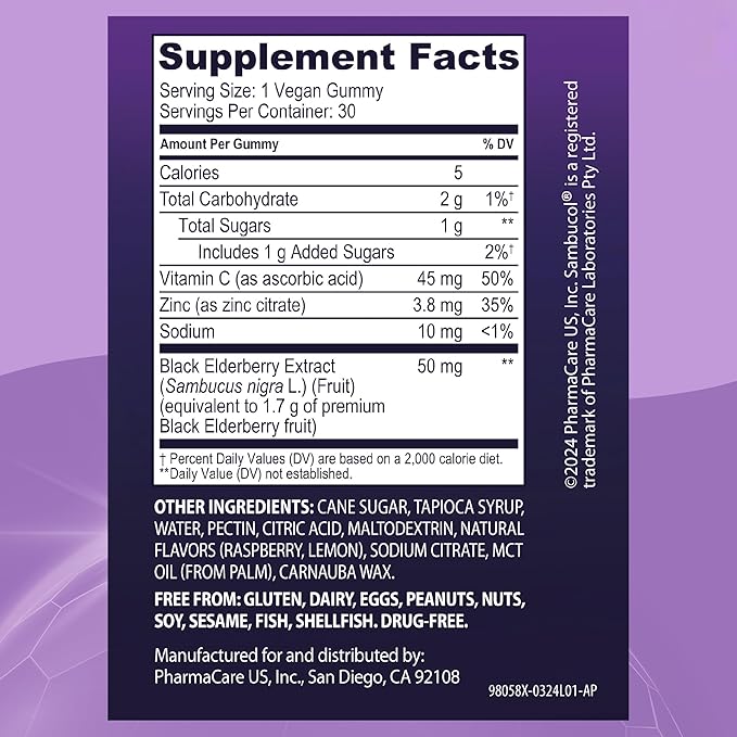 Sambucol Black Elderberry Gummies with Vitamin C & Zinc - Sambucus Elderberry Gummies for Immune Support, High Antioxidants, Gluten Free, Vegan, Elderberry with Zinc & Vitamin C for Adults - 30 Count