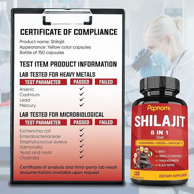 Shilajit Himalayan Supplement for Men & Women - 150 Capsules Combined Ashwagandha, Ginseng, Saw Palmetto, Maca, Tribulus, Chaga & Black Pepper - Vitality Energy and Immune Supports