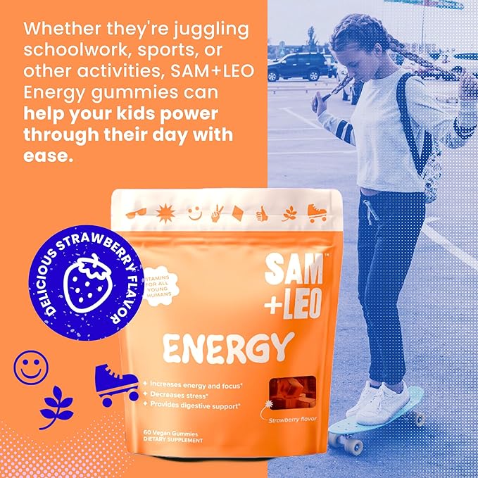 SAM+LEO Energy Gummies for Kids- with Biotin, Vitamin C, B3, B6, and B12 - All Natural & Vegan Gummy for Energy & Focus Supplement for Kids - Stress & Digestive Support, Strawberry Gummies - 60/ct