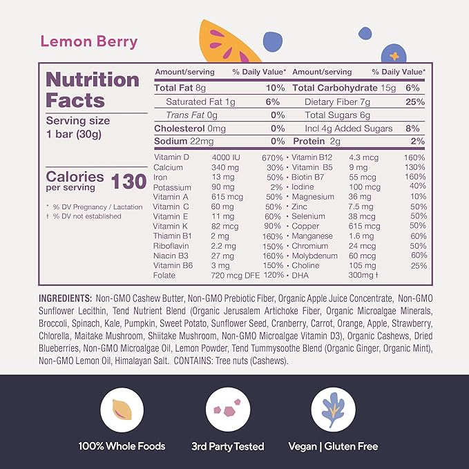 Tend Daily Best Prenatal Vitamin Bar, Made with Organic Ingredients for Pregnant & Postpartum Mothers, Includes DHA, Vitamin D, B, Choline, Folate - Lemon Berry (7ct)
