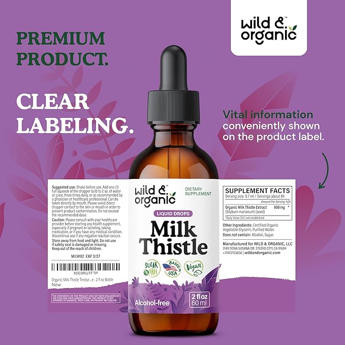 Wild & Organic Milk Thistle Extract Drops - Liver Cleanse Support - Milk Thistle Liver Detox Tincture - Silymarin Supplement - Silybum Marianum Seeds - Vegan, Sugar & Alcohol-Free - 2 fl oz