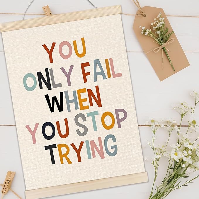 Welshower Boho Inspirational Poster Hanger Frame, You Only Fall When You Stop Trying Motivational Quote Wall Art Prints Decor for Classroom Kids Room Nursery Playroom Framed, 12x16 Inch