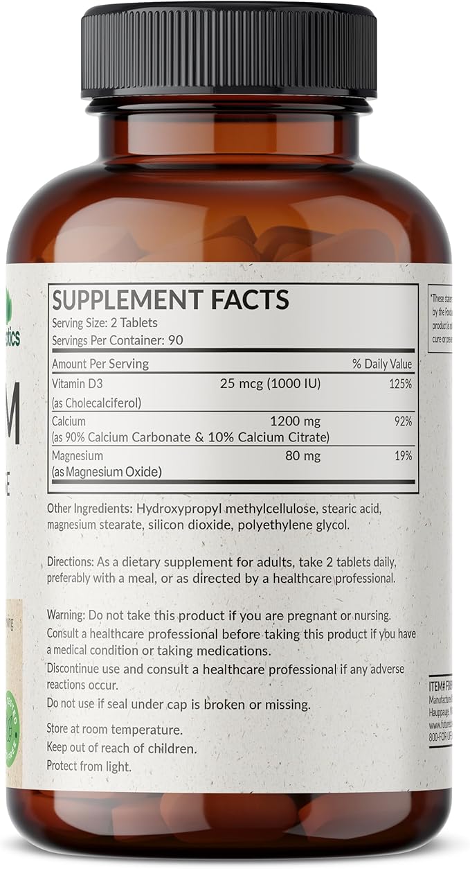 Futurebiotics Calcium 1200 MG Per Serving Sustained Release with Vitamin D3 1000 IU Per Serving Non-GMO, 180 Vegetarian Tablets