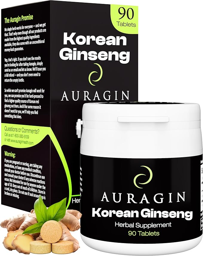 Auragin® Authentic Korean Red Ginseng – Made in Korea – 6 Year Roots – No Additives or Other Ingredients – 100% Red Panax Ginseng in Every Tablet