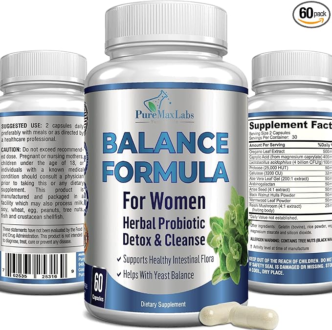 Balance Complex for Women - for Vaginal Health, Herbal Detox & Cleanse, Vaginal Probiotics, Supports Healthy Intestinal Flora, Helps with Yeast Infections 60 Capsules