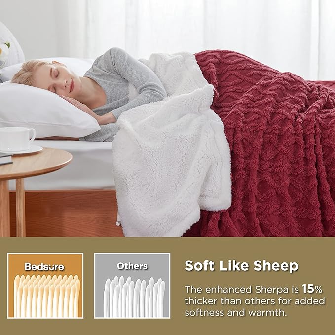 Bedsure Sherpa King Size Blanket for Bed- GentleSoft Fleece Fluffy & Cozy Cable Jacquard Tufted for Women Gift, Thick and Warm Blankets for Winter, Red, 108x90 Inches