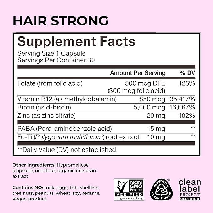 HUM Hair Strong Daily Hair Growth Supplement with Biotin, Zinc, Vitamin B12 to Support Growth, Folic Acid & Vitamin B12 Vitamins for Healthy Hair Support for Women and Men, 180 Vegan Capsules
