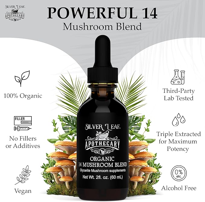 Organic Mushroom Supplement Tincture Extract of Reishi, Chaga, Cordyceps, Lions Mane, and More for Immune Support, Blend of 14 Triple-Extracted Mushrooms for Memory Focus & Vitality - 2 Fl Oz