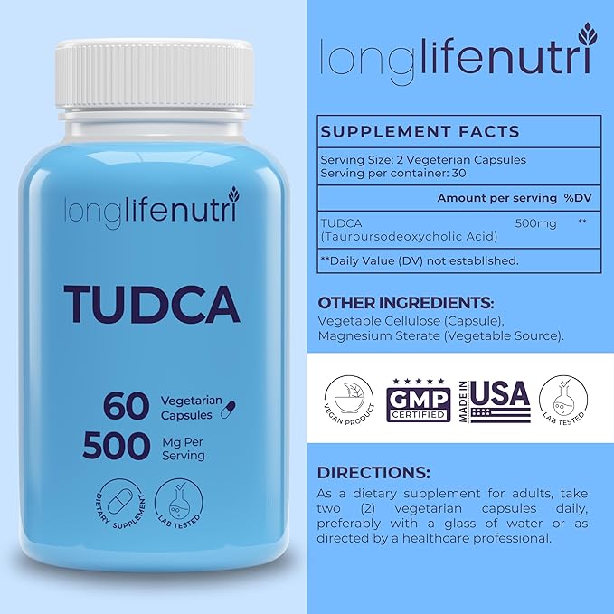 TUDCA - Tauroursodeoxycholic Acid Bile Salt, 500mg per Serving & 60 Vegetarian Capsules, Natural Ingredients, 30-Day Supply, Made in USA