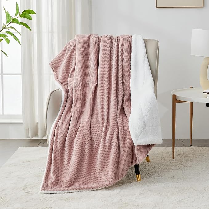 SOCHOW Waffle Sherpa Fleece Throw Blanket, Super Soft Fuzzy Warm, Lightweight Fluffy Reversible Plush Blanket for Bed Sofa Couch, 50 x 60 Inches Dusty Pink